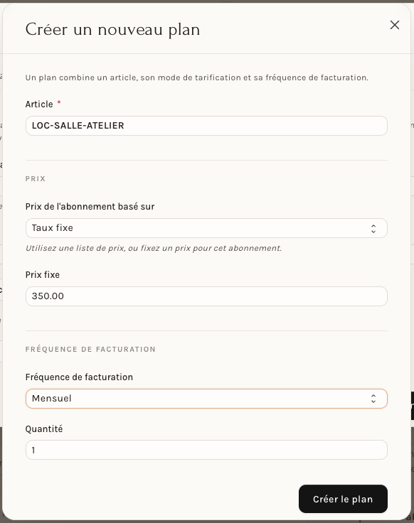 Créer un plan : l'article, le prix et la fréquence