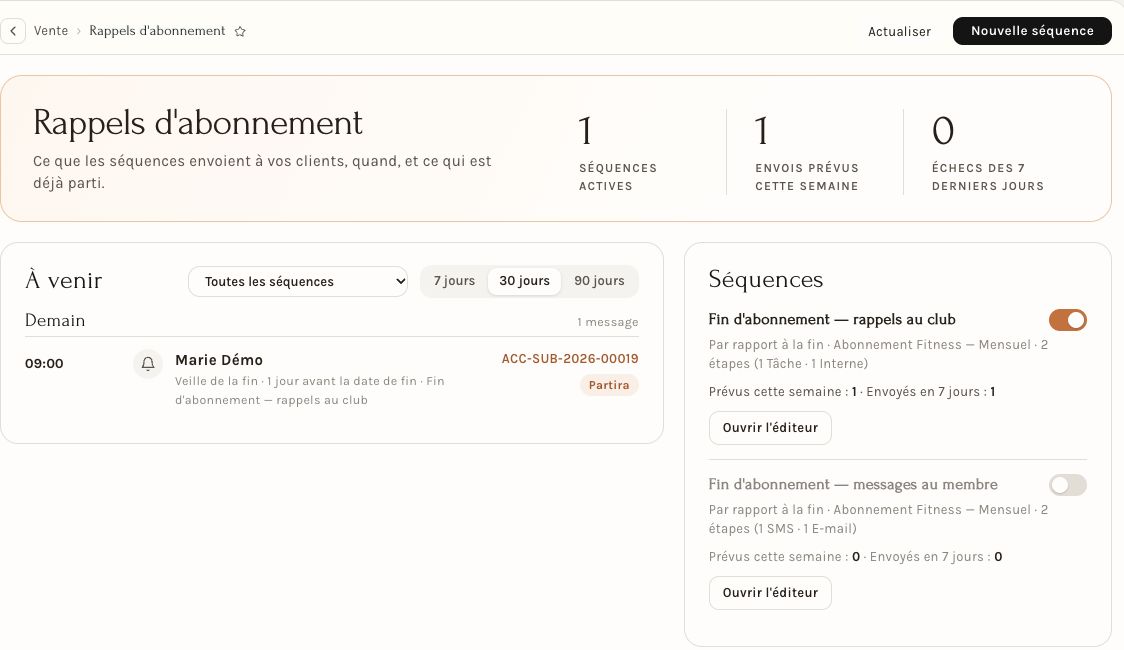 La page Rappels d'abonnement : ce qui partira, et les séquences