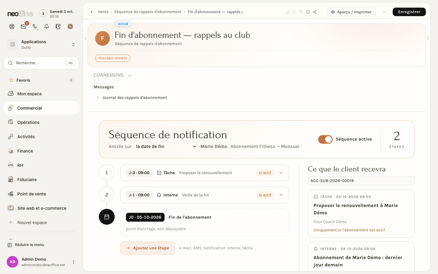 L'éditeur d'une séquence de rappel : deux étapes autour de la fin de l'abonnement