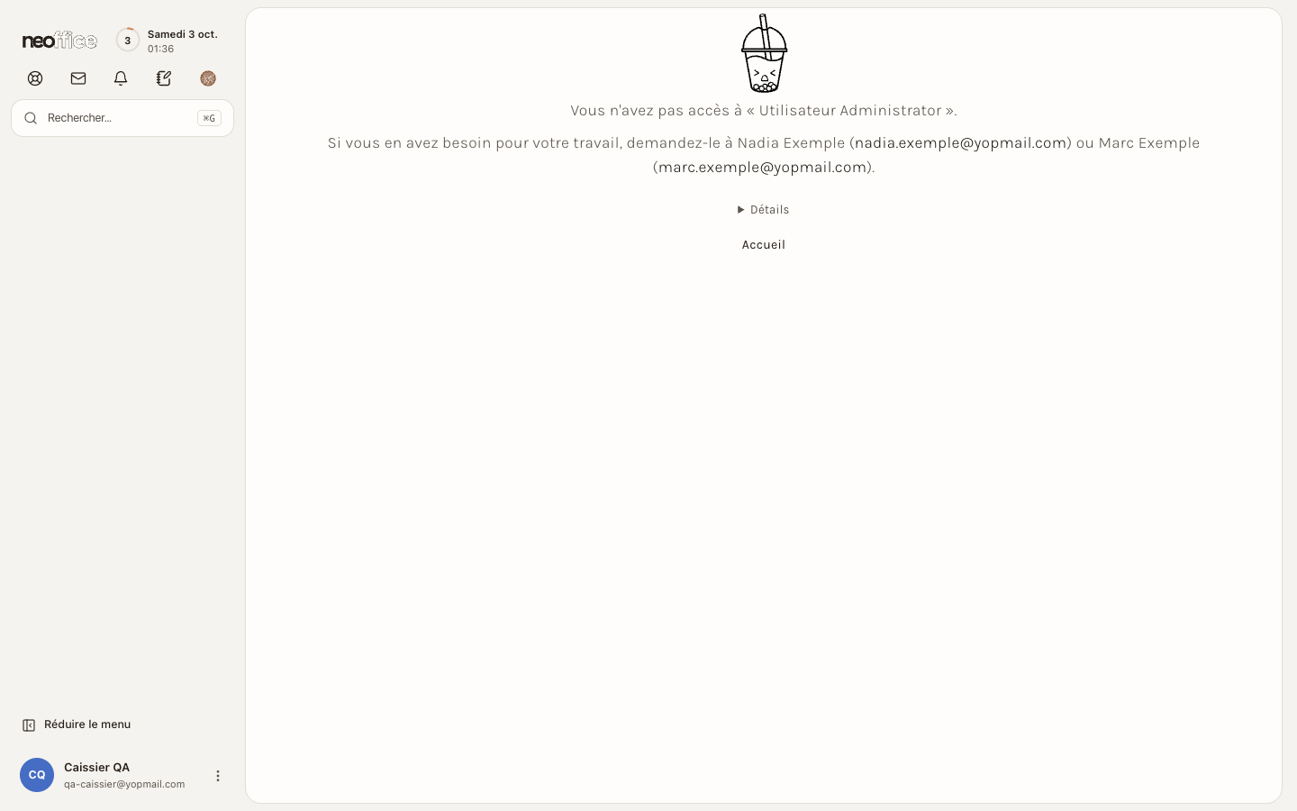 Un document qu'on ne peut pas ouvrir : la page dit ce qui est fermé et à qui demander l'accès (les noms de l'exemple sont fictifs)