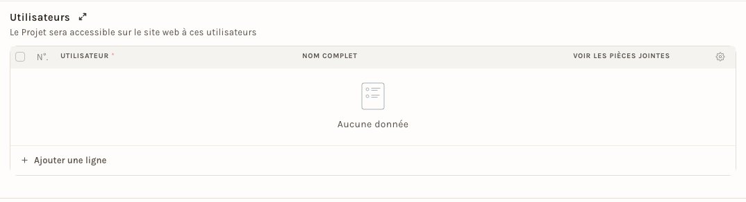 La liste Utilisateurs d'un projet, dans l'onglet Réglages