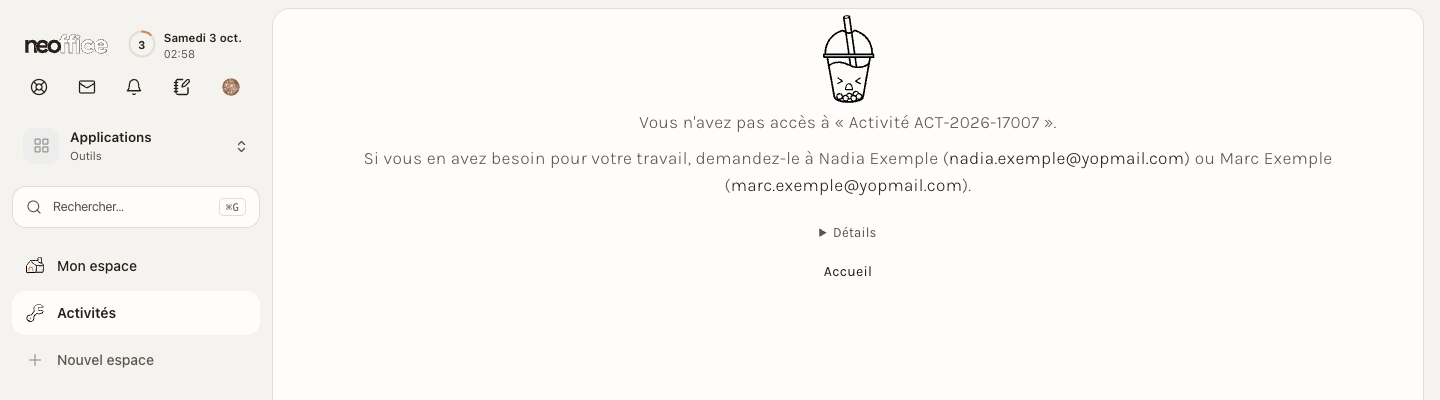 Le message affiché quand on ouvre une activité qui n'est pas la sienne (les noms et les adresses sont fictifs)