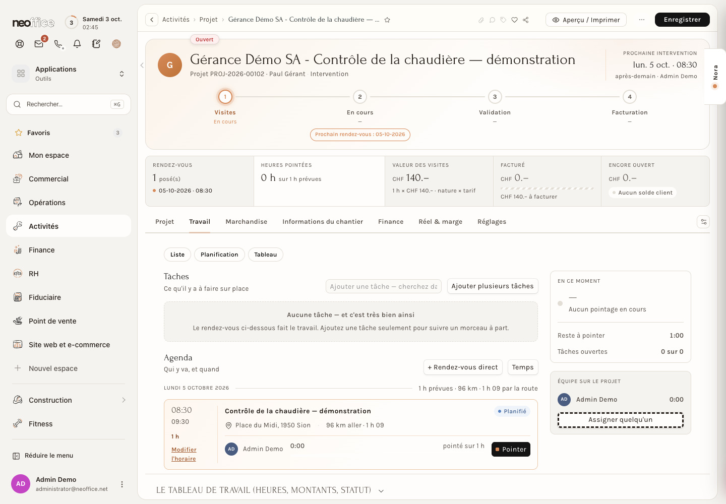 Le projet d'une intervention, onglet Travail
