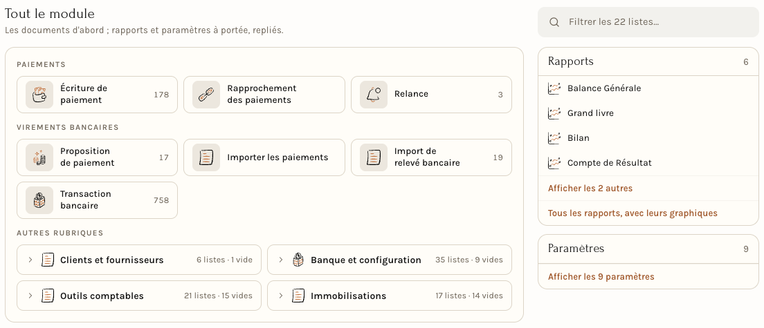 Tout le module : les tuiles, les autres rubriques, et les cartes Rapports et Paramètres