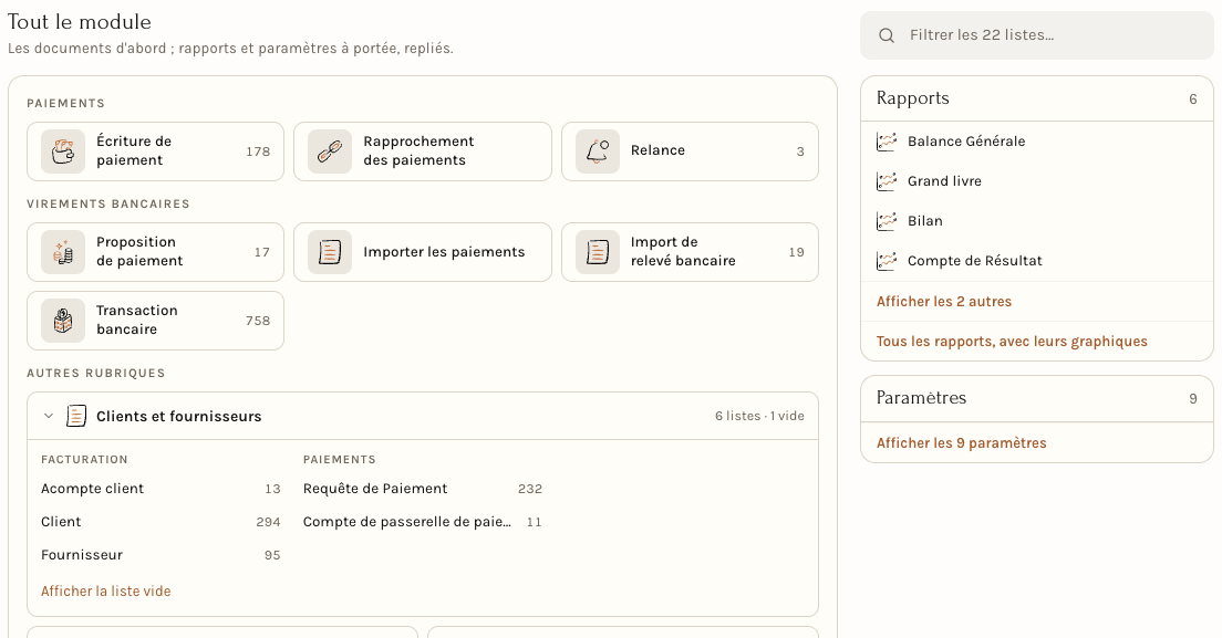 La rubrique Clients et fournisseurs dépliée