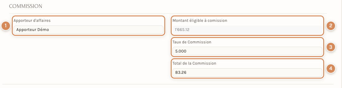 La section Commission d'une commande client