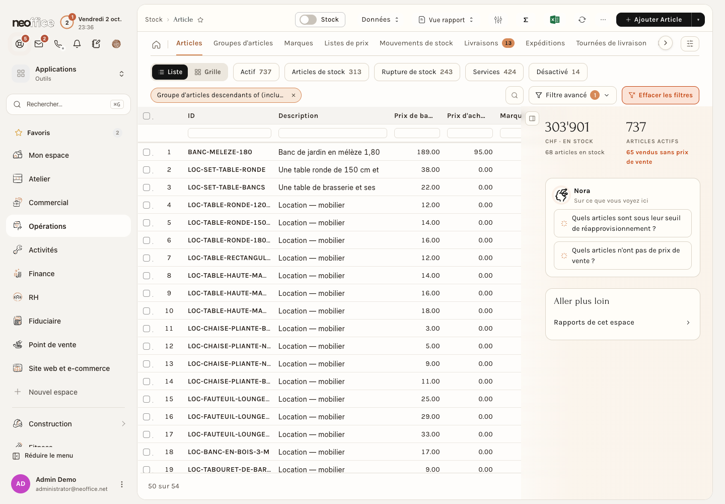 La liste des articles, ici filtrée sur le groupe Mobilier