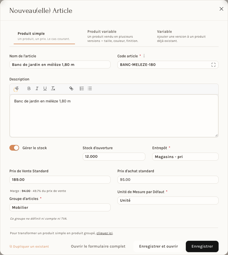 La fenêtre de création d'un produit simple, remplie