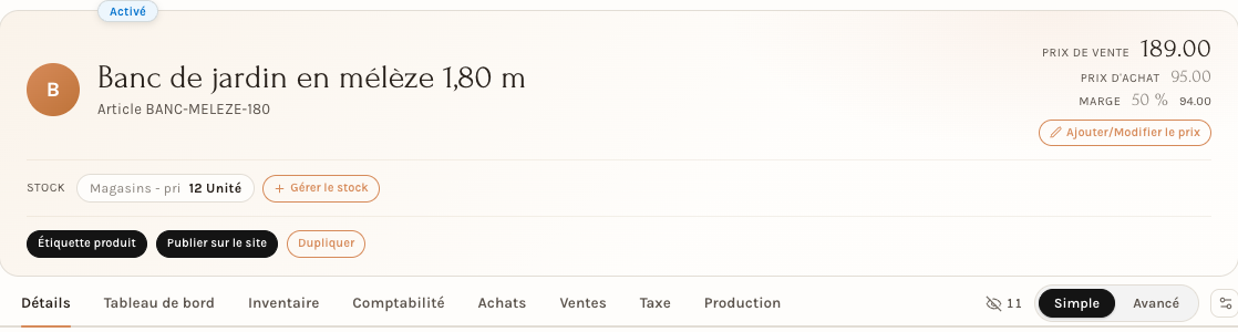En-tête de la fiche : prix, marge, stock et actions