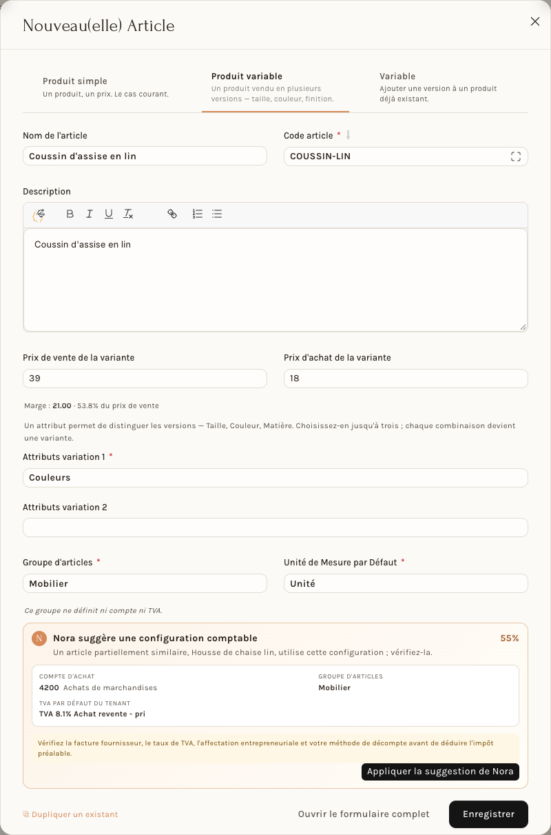 L'onglet Produit variable : prix des variantes, attribut et suggestion de Nora