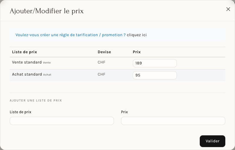 La fenêtre Ajouter/Modifier le prix