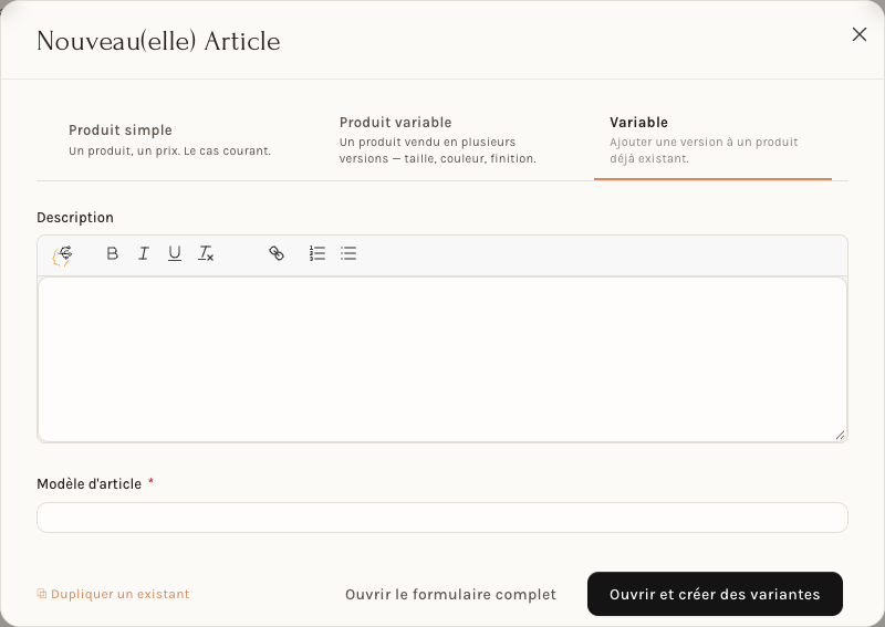 L'onglet Variable : ajouter une version à un modèle existant