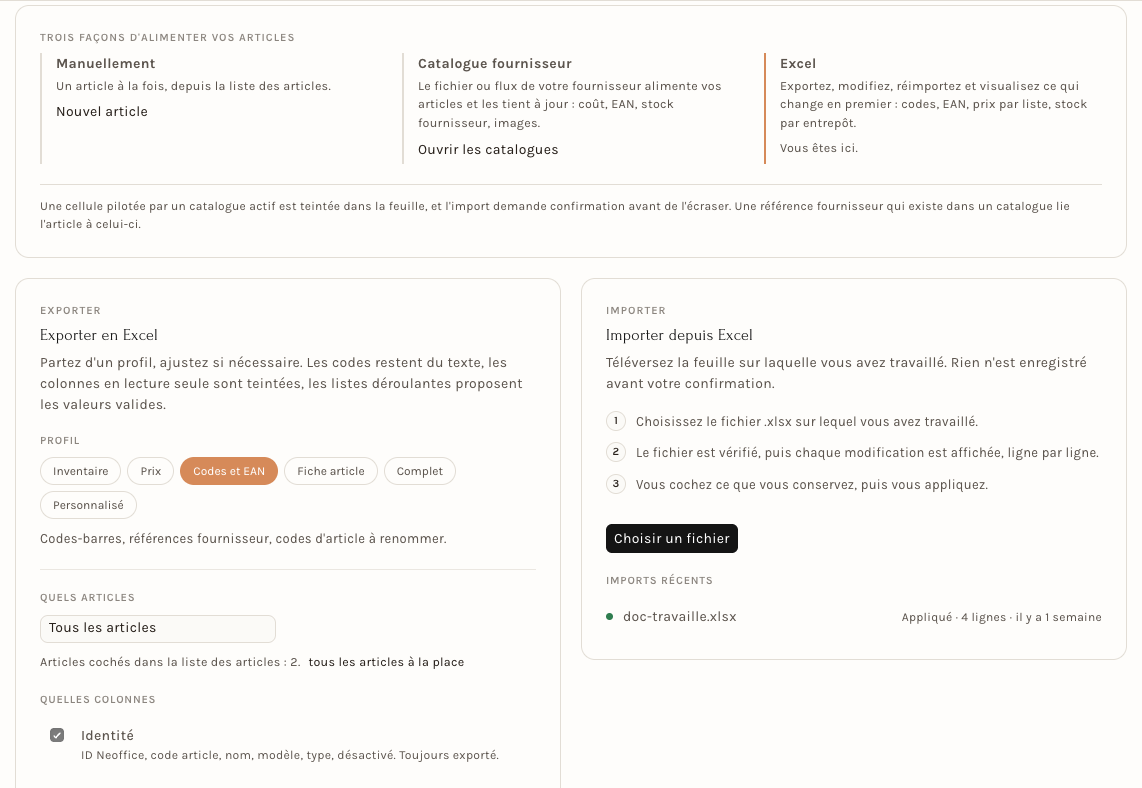 La page Articles et Excel : les trois voies, l'export et l'import