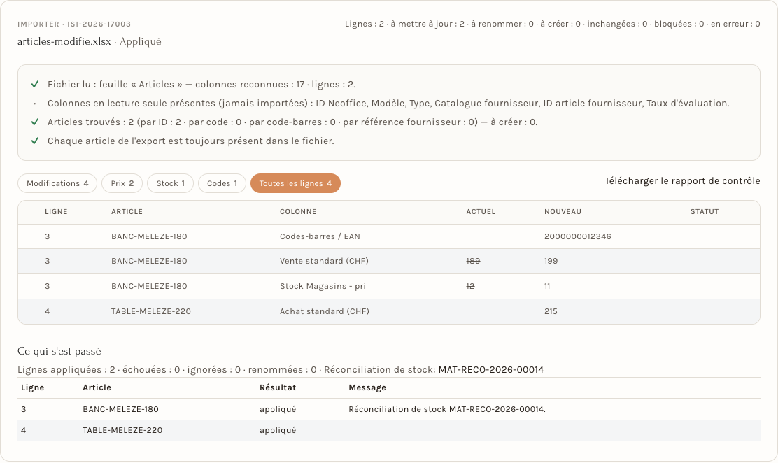Le journal après application : lignes appliquées et réconciliation de stock créée