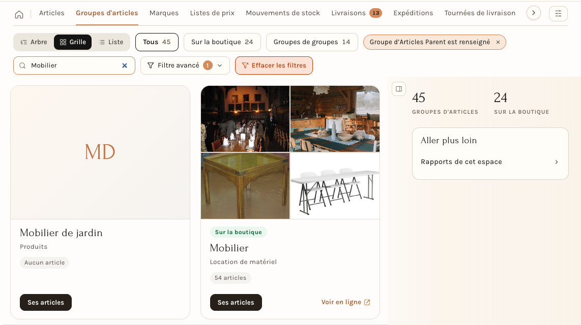 La vue Grille, avec les photos des articles de chaque groupe