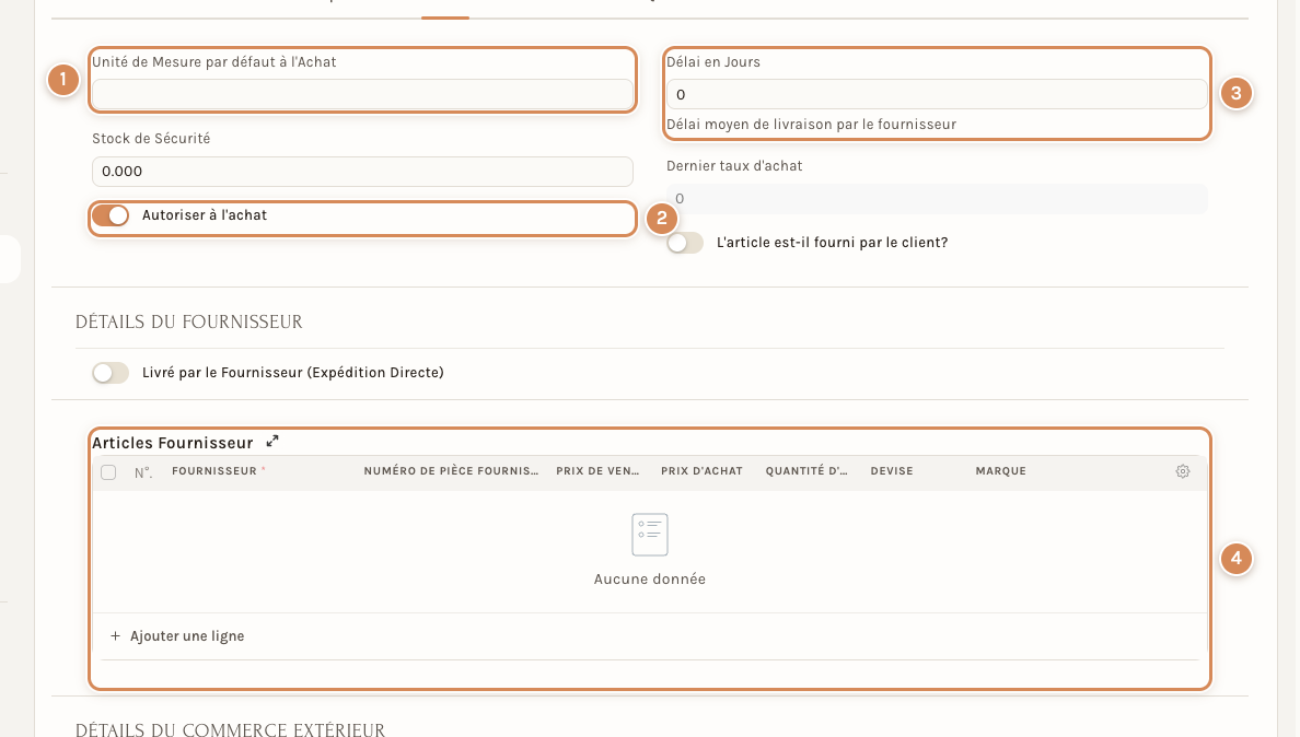 L'onglet Achats : l'unité d'achat, l'autorisation d'acheter, le délai du fournisseur et les articles fournisseur