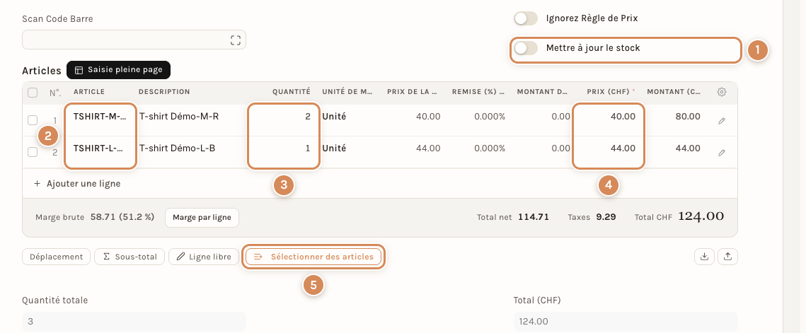 Les lignes d'une facture de vente, une par variante