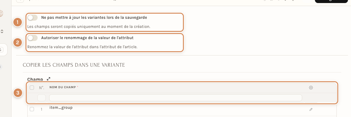 Les Paramètres de Variante d'Article