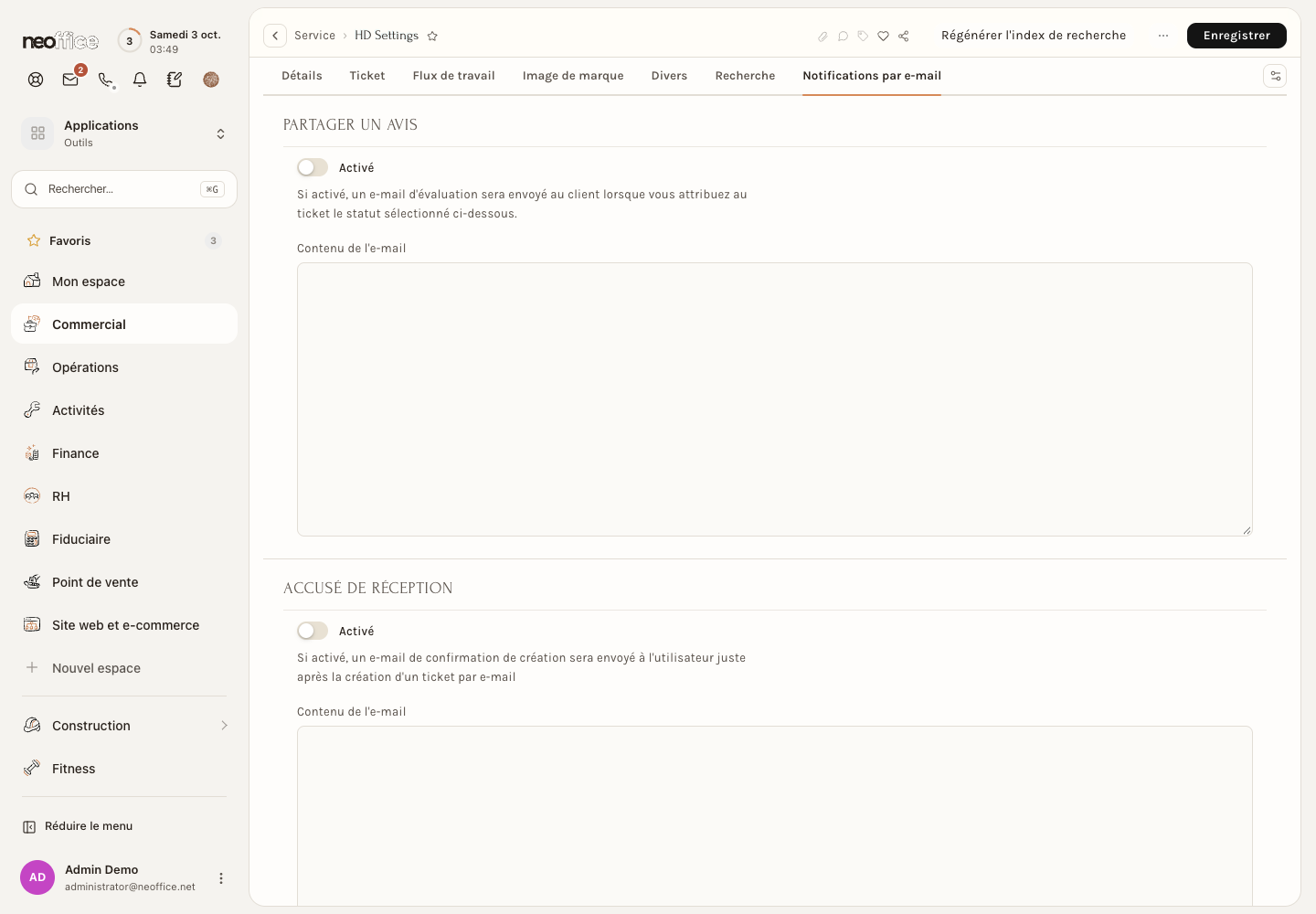 L'onglet Notifications par e-mail