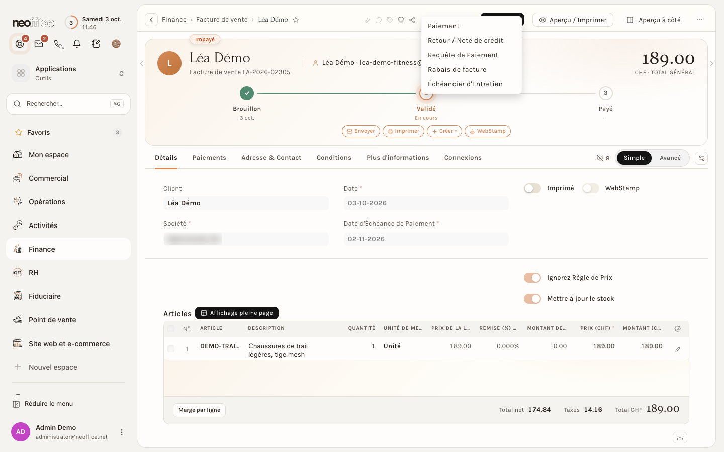 Le menu Créer d'une facture validée : Paiement, Retour / Note de crédit, Requête de Paiement, Rabais de facture, Échéancier d'Entretien