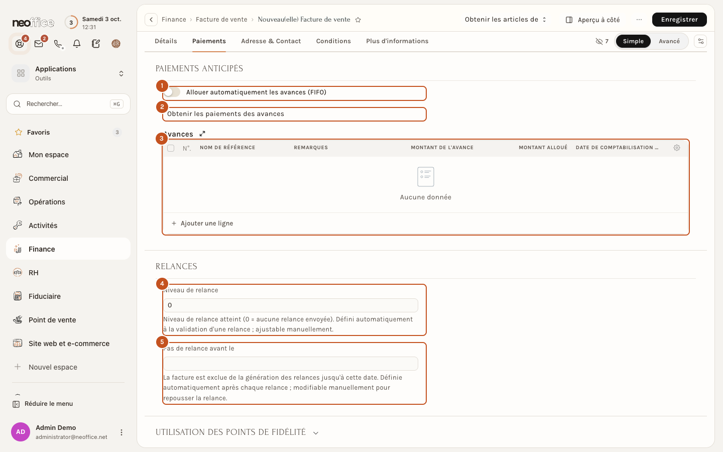 L'onglet Paiements : avances, relance