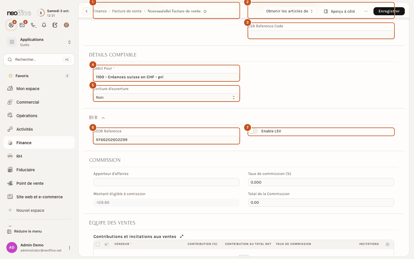 L'onglet Plus d'informations : commande du client, détails comptables, BVR