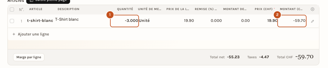 La ligne de l'avoir avec la quantité −3 : montant −59.70