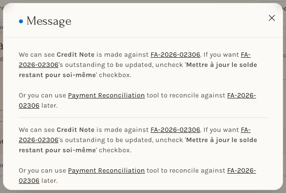 Le message de l'avoir : « We can see Credit Note is made against FA-… »