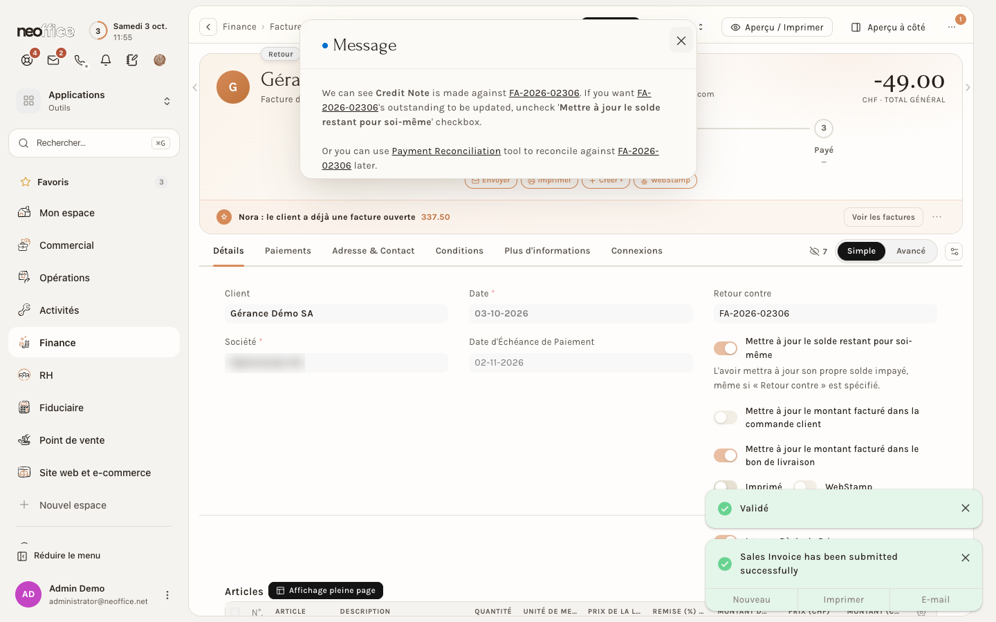 Les messages à la validation d'un avoir : fenêtre Message et bandeaux