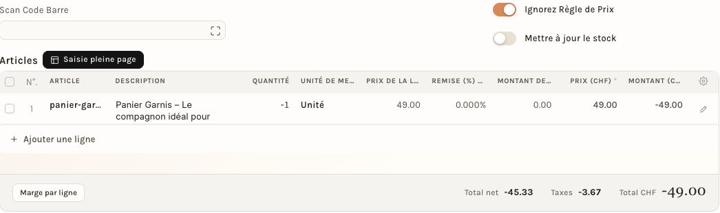La ligne restante de l'avoir : Panier Garnis, −1, −49.00