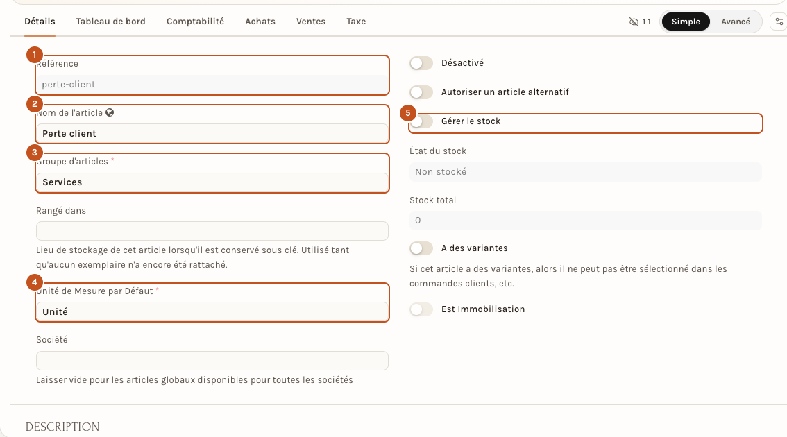 L'article Perte client : nom, groupe Services, stock non géré