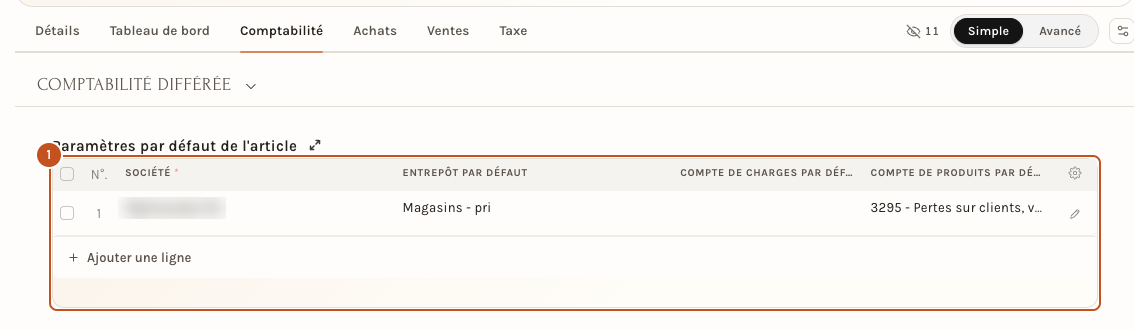 L'onglet Comptabilité de l'article : le compte de produits par défaut est le 3295