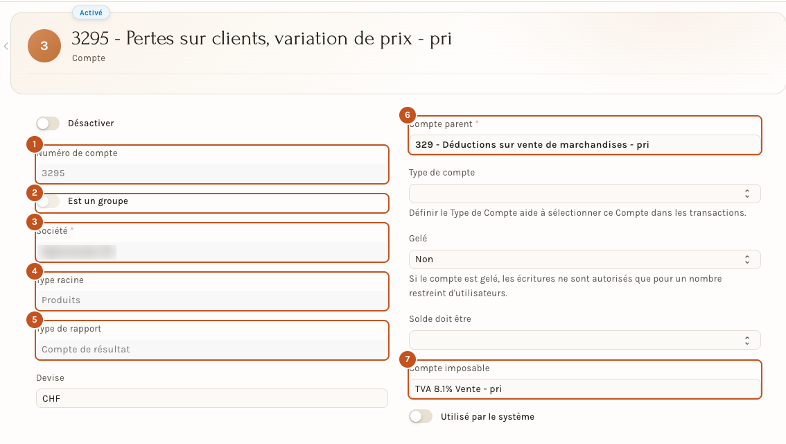 Le compte 3295 : numéro, groupe, société, type racine et compte parent