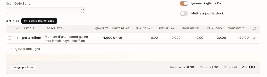 La ligne Perte client dans l'avoir : quantité −1, prix 20.00, total −20.00