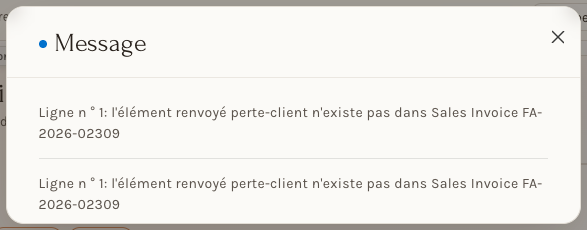 Le message sur l'article qui n'existe pas dans la facture d'origine : à fermer