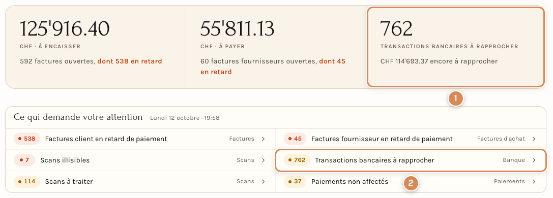 La tuile et la ligne Transactions bancaires à rapprocher, dans l'Aperçu de Finance