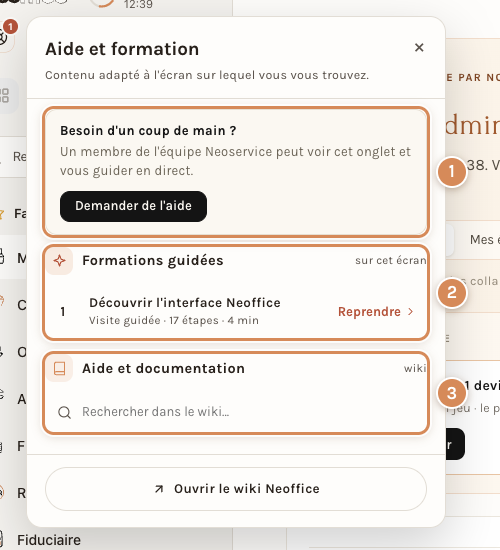 Le panneau Aide et formation, avec ses trois zones