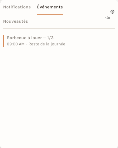L'onglet Événements du panneau de notifications