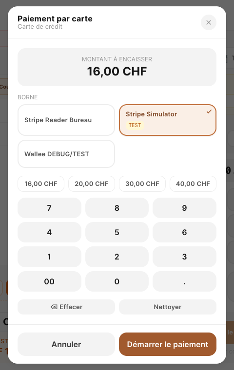 La fenêtre Paiement par carte : plusieurs terminaux, un simulateur marqué TEST