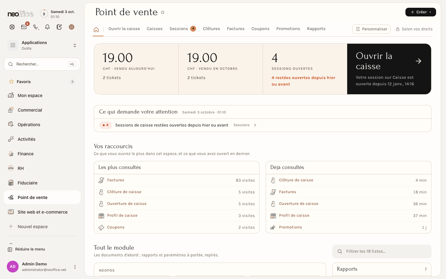 L'espace Point de vente : la tuile Ouvrir la caisse, les chiffres du jour et les sessions ouvertes