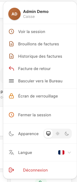 Le menu de l'utilisateur de la caisse