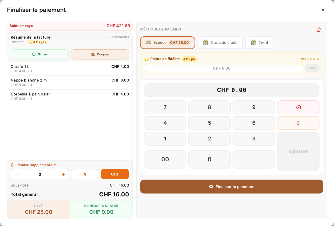 La fenêtre Finaliser le paiement : un paiement en espèces avec la monnaie à rendre