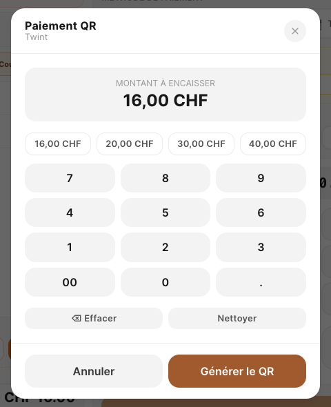 La fenêtre Paiement QR de TWINT