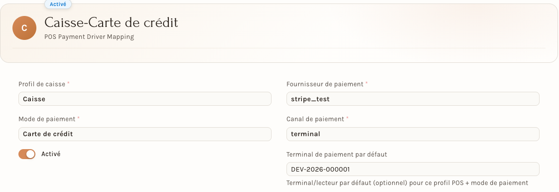 Le routage du mode Carte de crédit : prestataire de carte, canal terminal, terminal par défaut