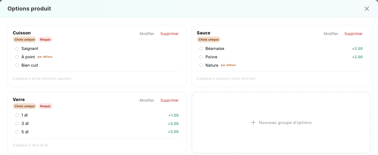 Les groupes d'options des articles