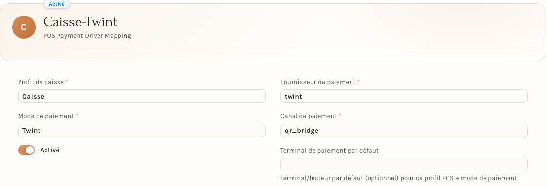 Le routage du mode Twint : canal qr_bridge, sans terminal par défaut