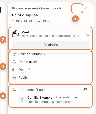 Le détail d'un événement : la réunion Meet avec son bouton Rejoindre, le lieu, l'alerte, la disponibilité et les participants
