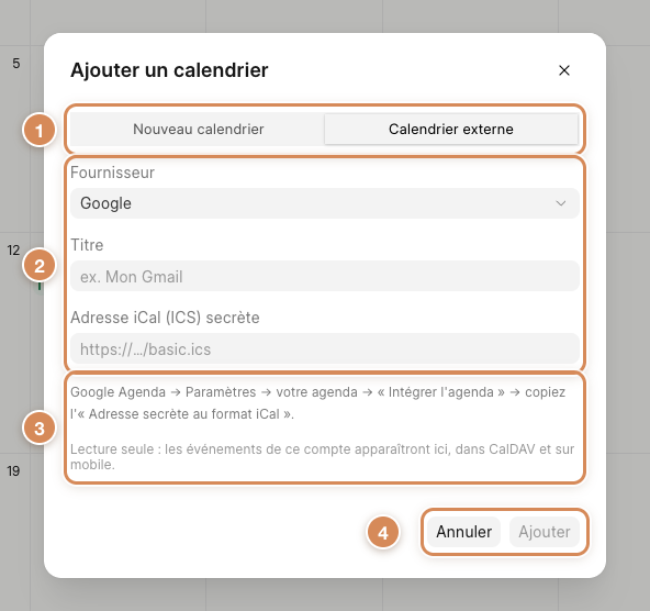 Ajouter un calendrier, onglet Calendrier externe : fournisseur, titre et adresse iCal secrète
