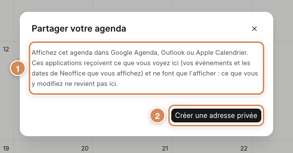 La fenêtre Partager votre agenda : l'explication et le bouton Créer une adresse privée