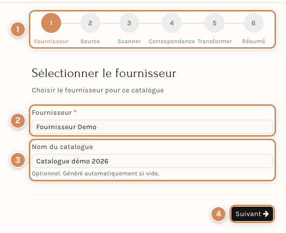 L'assistant, étape 1 : le fournisseur et le nom du catalogue